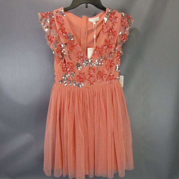 Maya Deluxe Petite Dress Women's Size 4‎ Floral Sequins Mesh Sparkly Flowers NWT - Picture 1 of 12